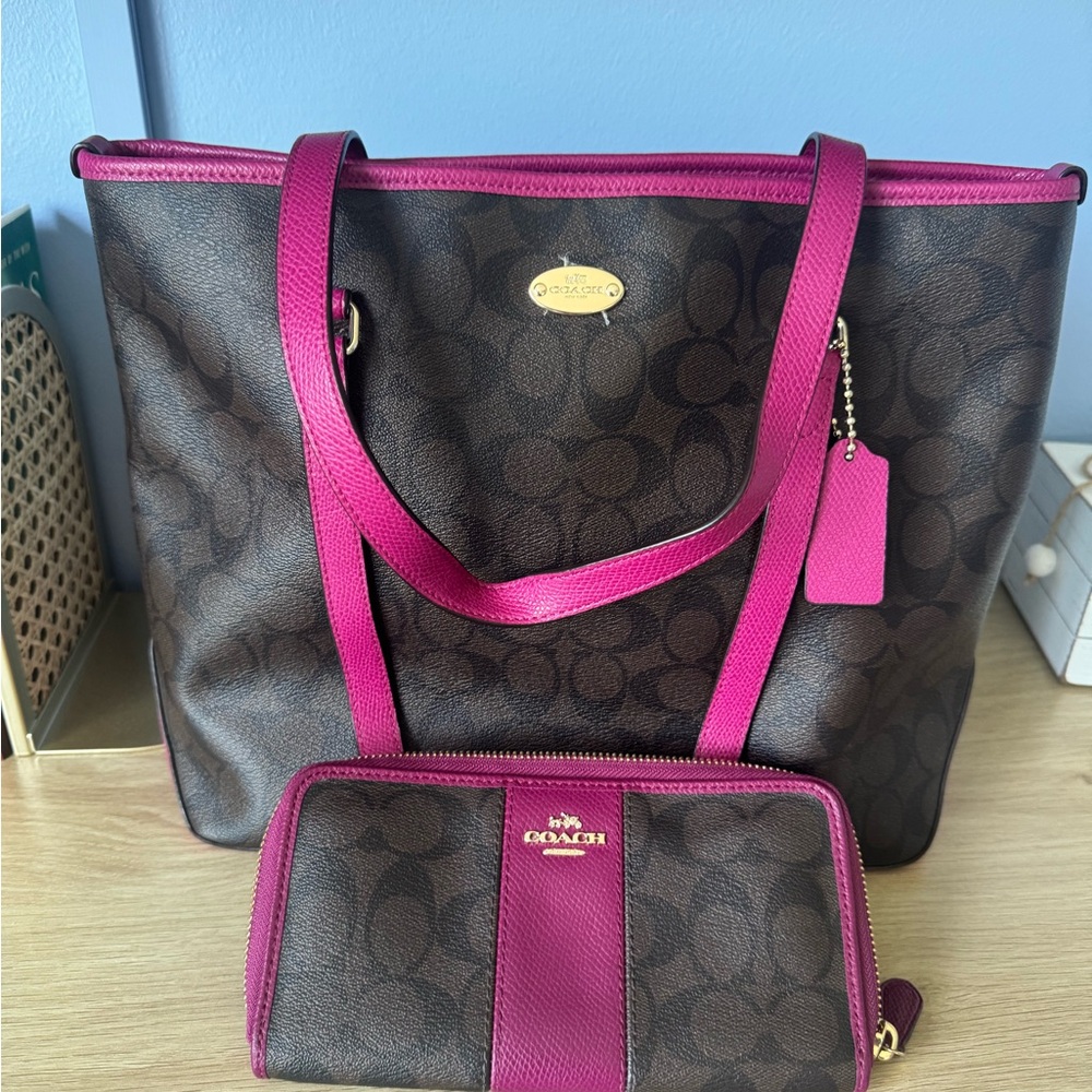 Coach Dark Brown and Magenta Tote and Wallet Set
